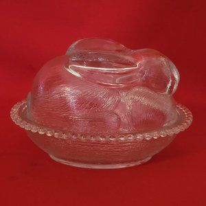 VTG Clear Glass Bunny Rabbit Covered Trinket Oval Candy Beaded Dish Translucent